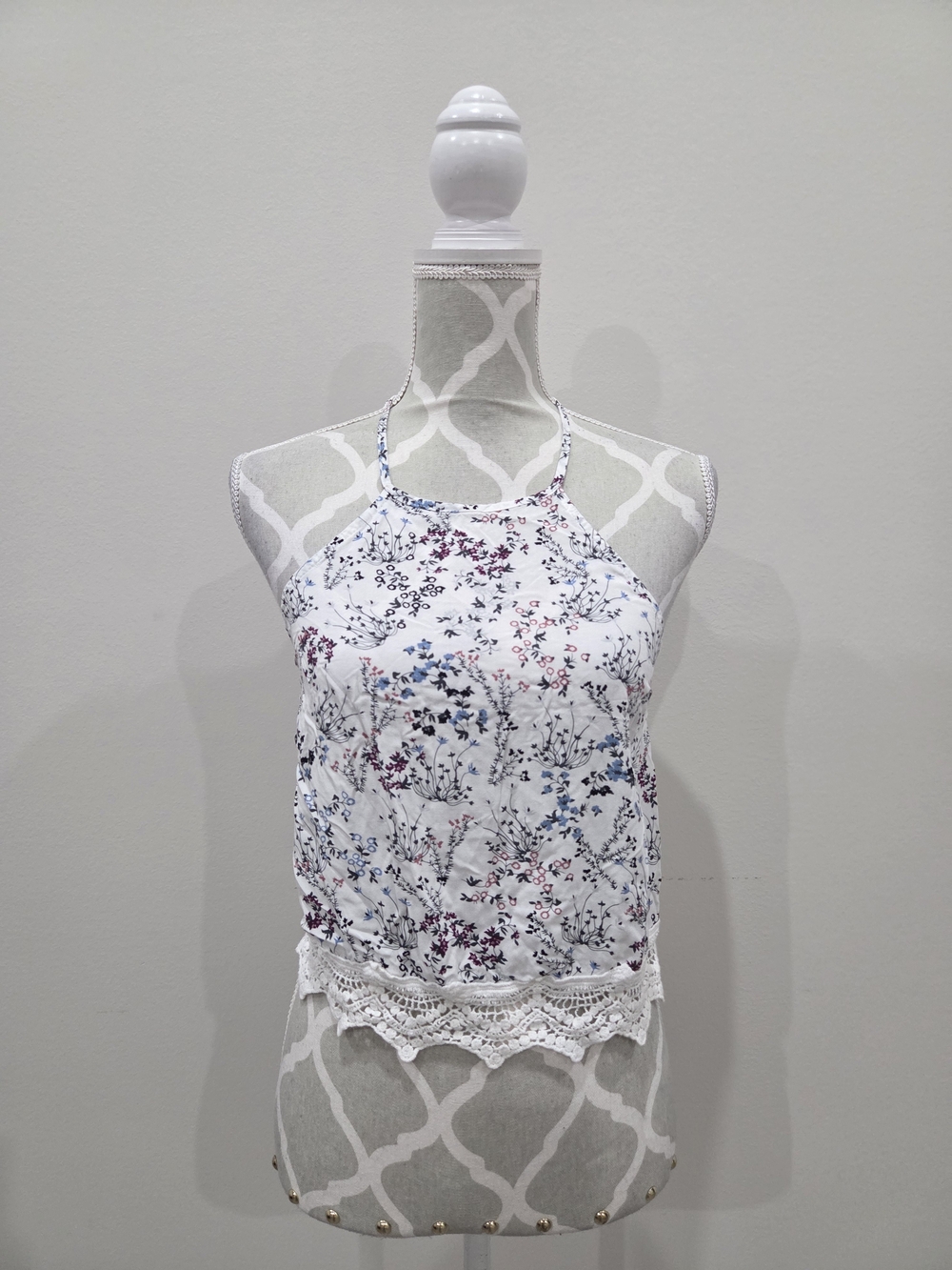 Garage Floral Lace-Hem Halter Tank Top